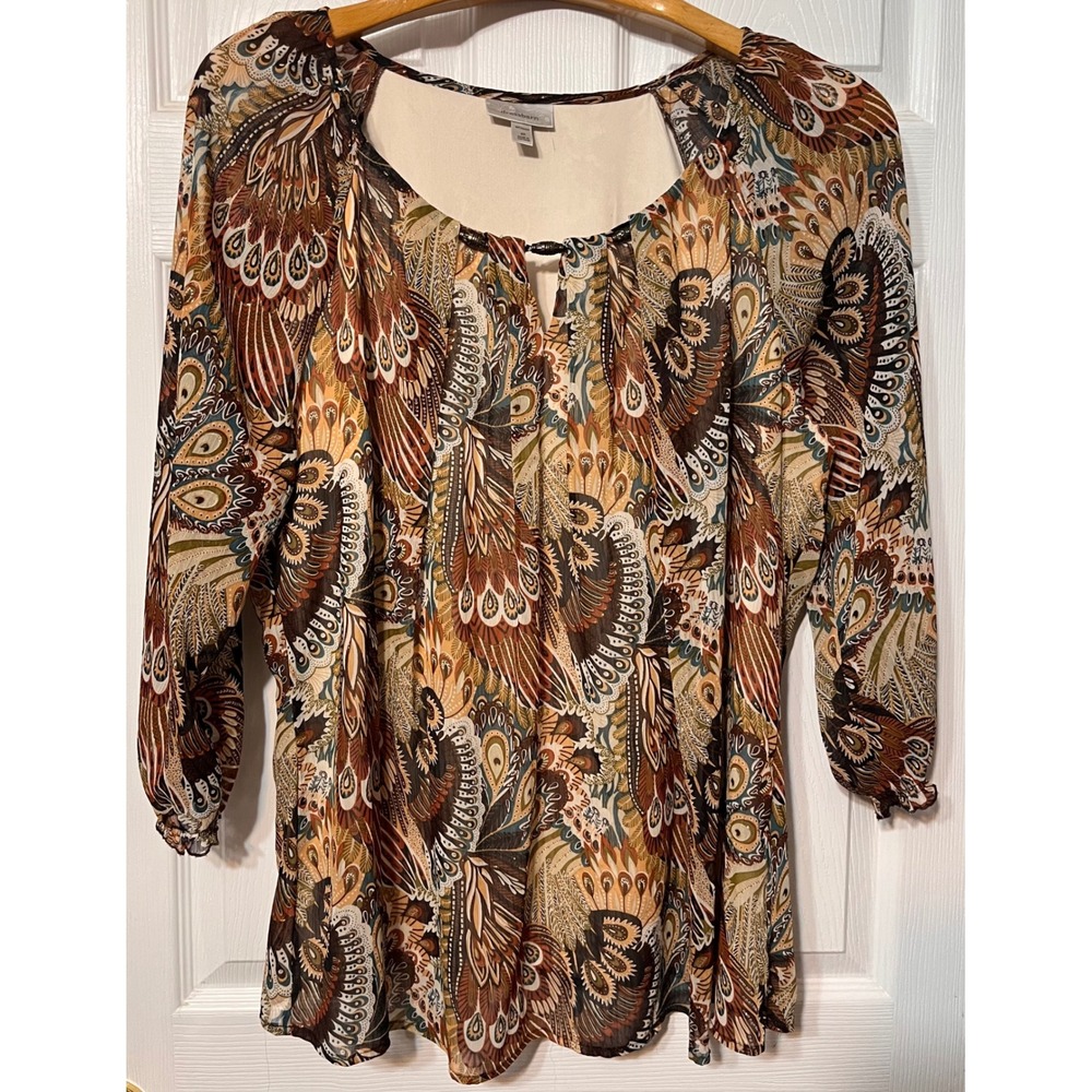 Dressbarn Womens 2X Paisley Peacock Print Metallic Chiffon Blouse 3/4 Sleeve